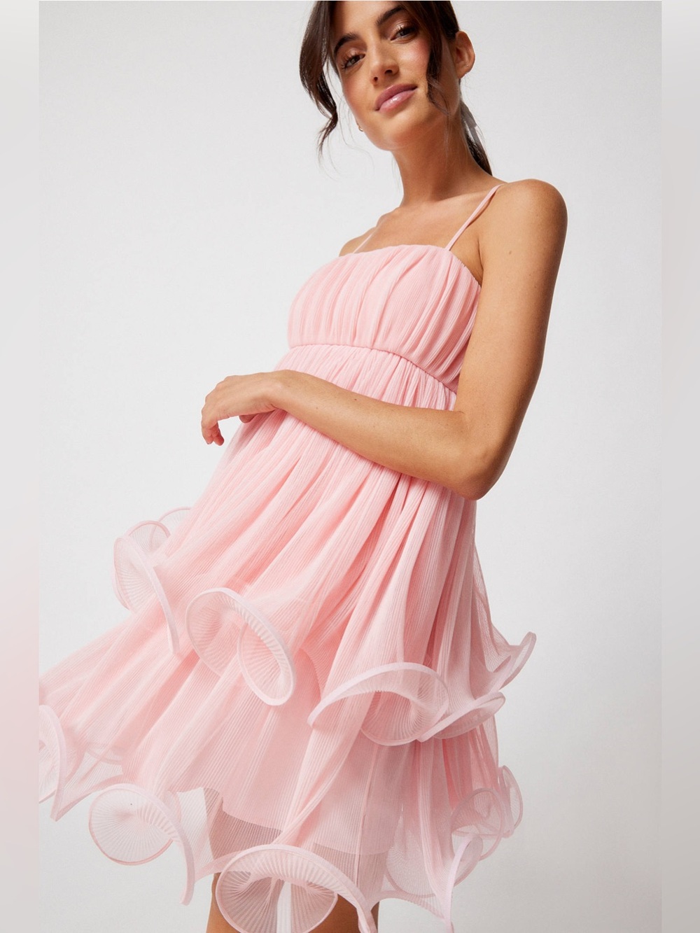 Urban Outfitters NWT Luna Tiered Babydoll Mini Dress Textured Plisse Formal Pink